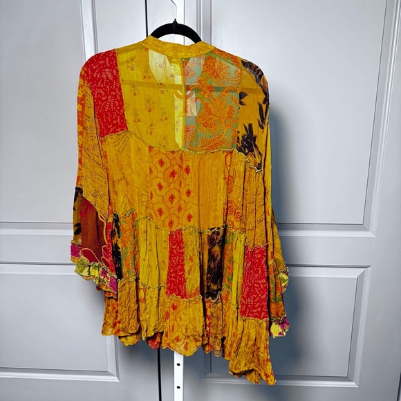 44335 YOUNG THREADS Overdyed Band Collar Jhabla Patchwork Top Camel SZ M - Picture 4 of 5